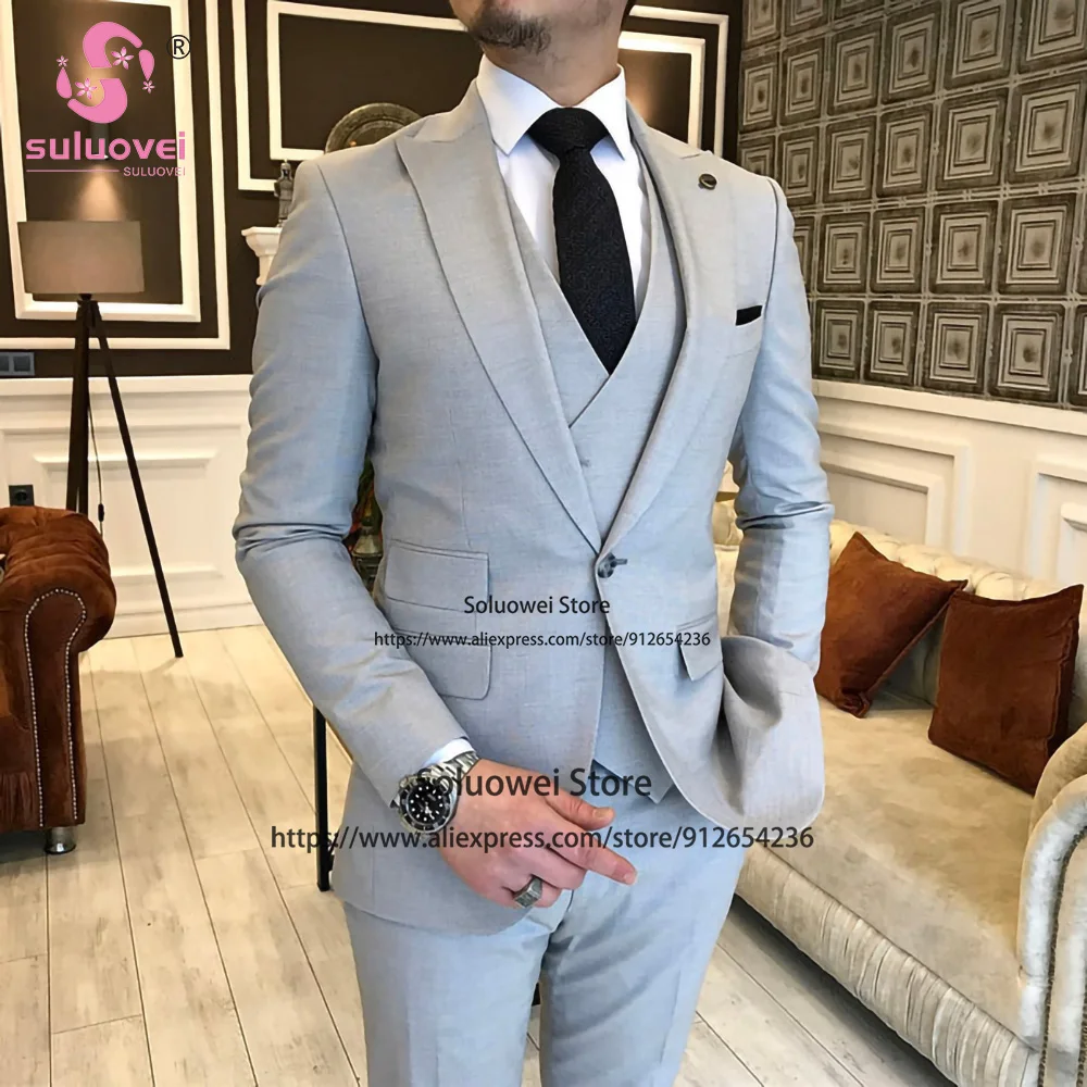 Fashion Light Grey Suits For Men Slim Fit 3 Piece Jacket Vest Pants Set Business Blazer Formal Groom Wedding Peaked Lapel Tuxedo