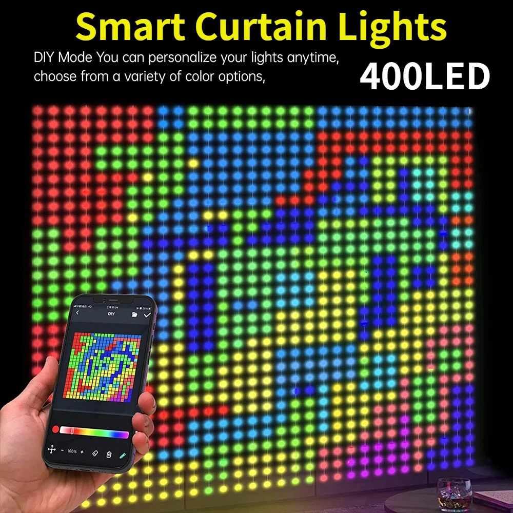 400LED Smart Curtain Lights, RGBIC Color Changing Christmas Lights String Dimmable DIY Patterns with Music for Bedroom Courtyard