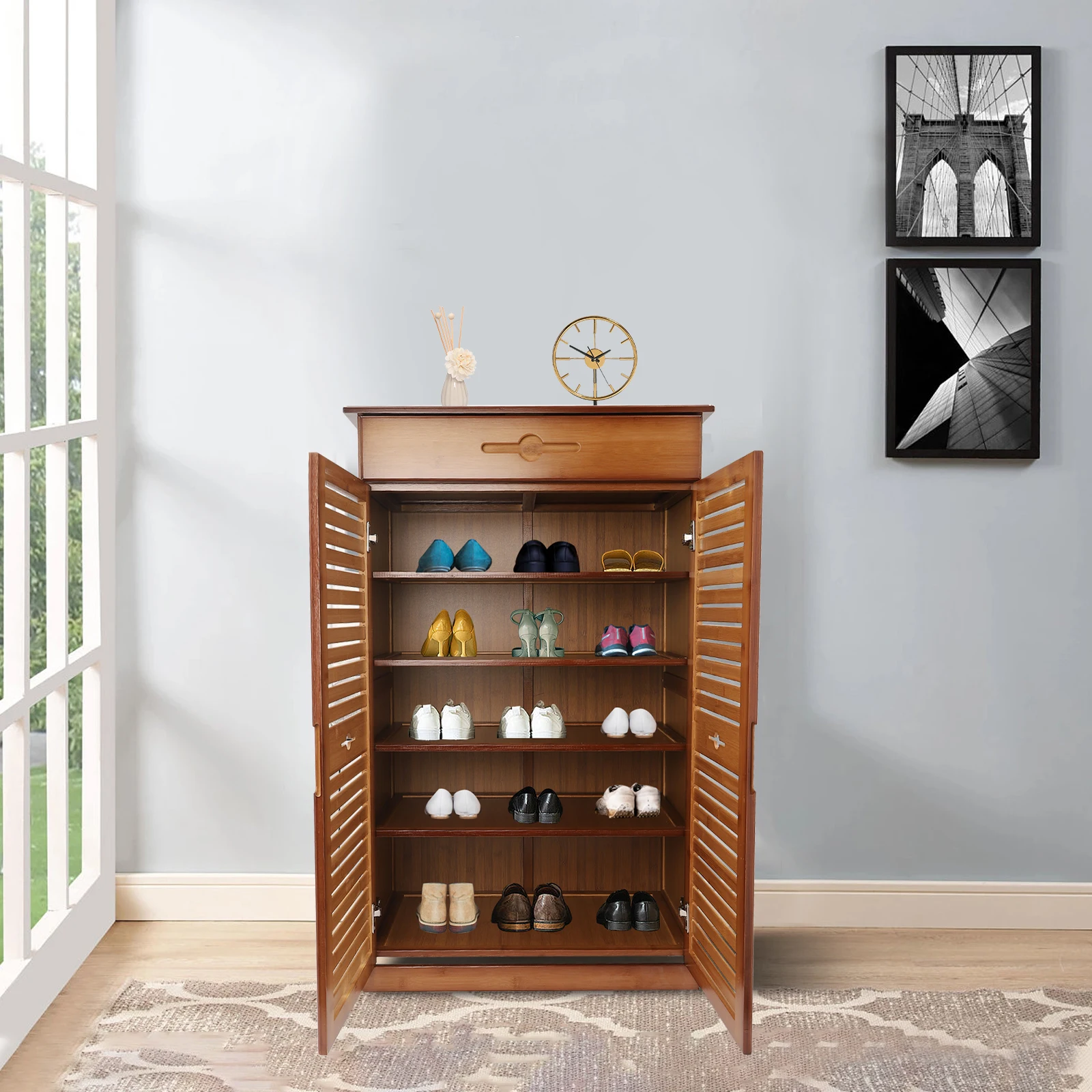 

5-Tier Bamboo Shoe Cabinet W/ Drawer & Doors, Retro Entryway Storage Organizer, Solid Wood Shoe Rack for Hallway, Natural Brown