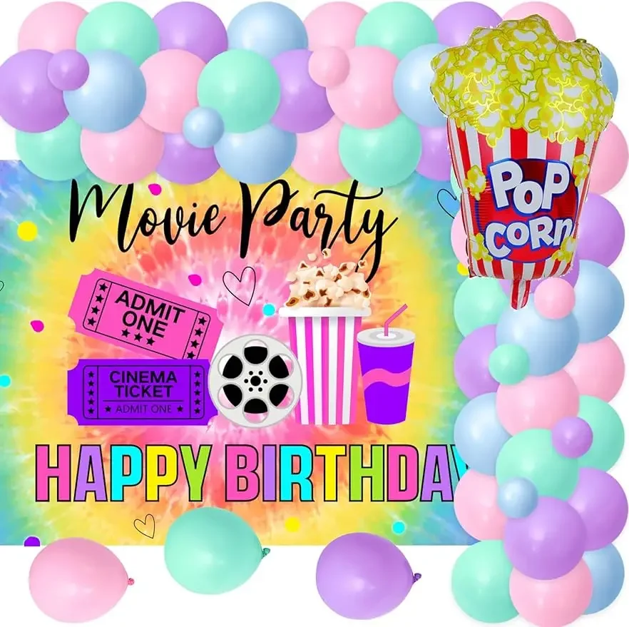 

SURSURPRISE-Movie Night Theme Party Decorations, Backdrop, Popcorn, Purple and Pink Balloon, Arch Garland Kit, Party Decoration