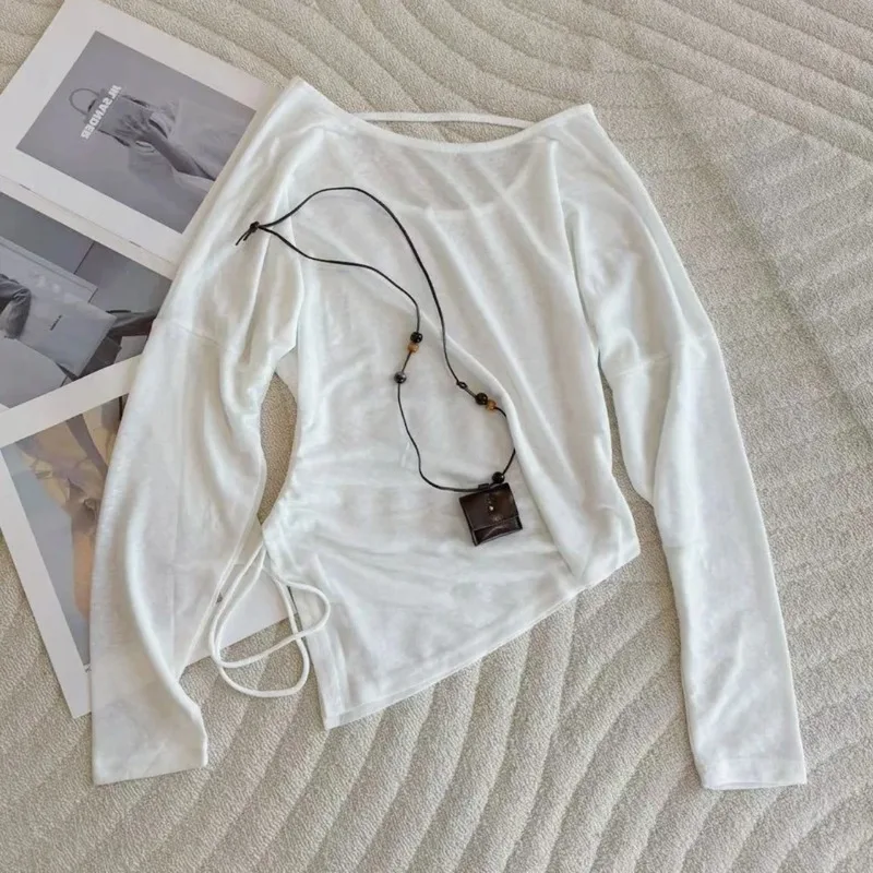 Women Summer Thin Lyocell Long Sleeve Top Irregular Hem Side Drawstring Slim Fit Sun Protection Cover Up T Shirt
