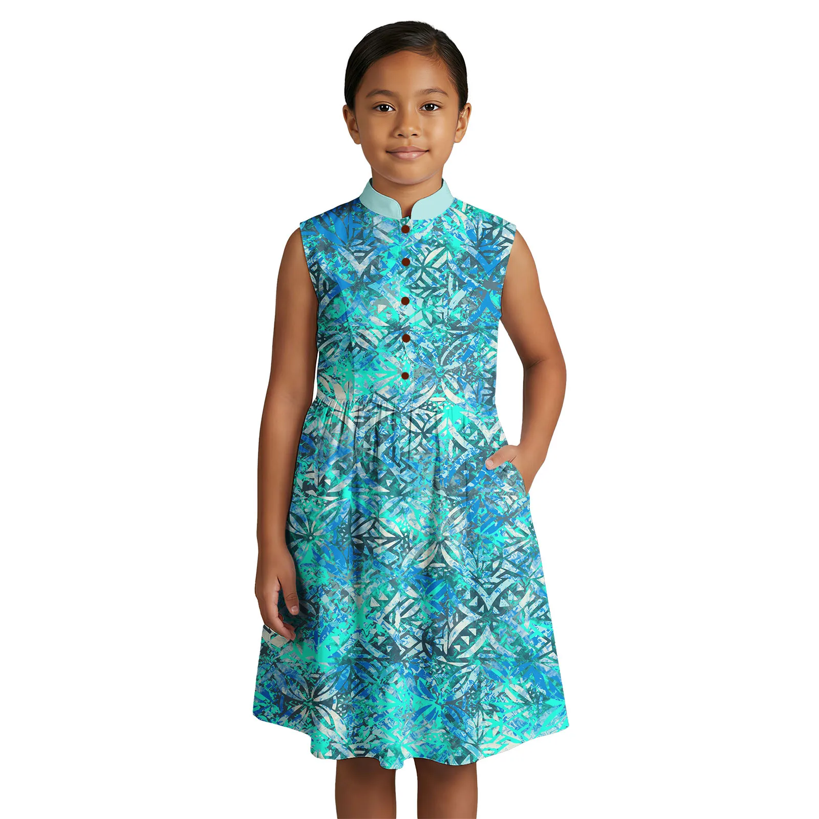 Boutique Popular Children Wear Custom Polynesian Lovely Beach Midi Dress Samoan Sleeveless Kids Clothing Girls Hawaiian Dresses