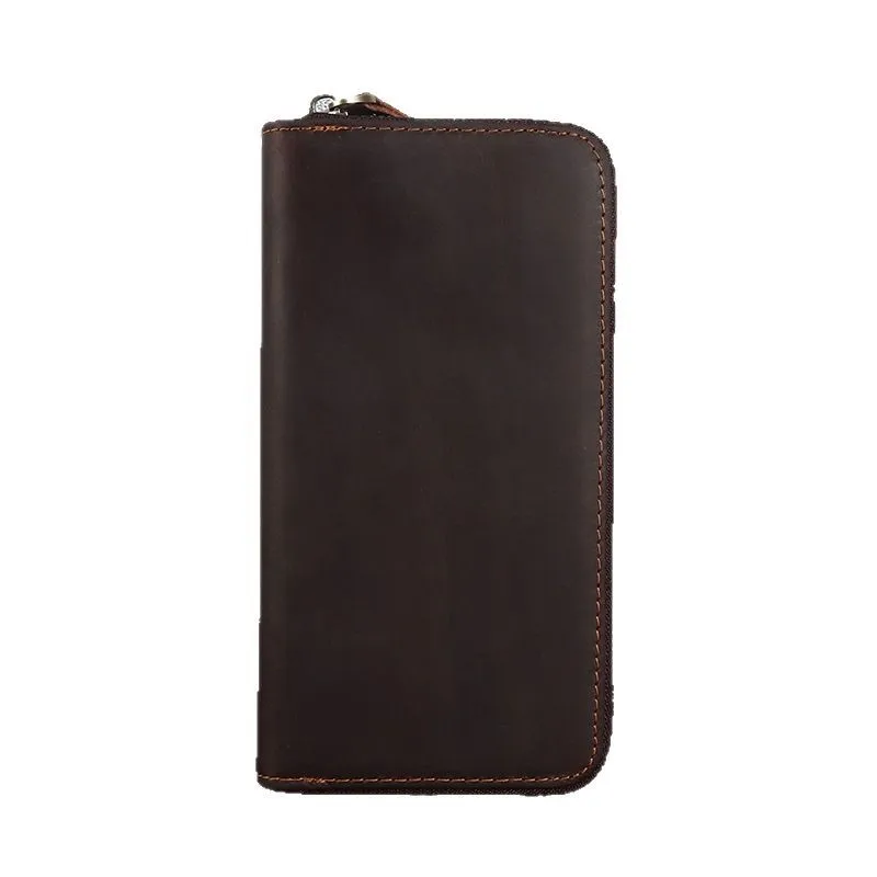 Leather men's long-handled handbag made of top-grade cowhide, with a zipper closure. An elegant retro handmade casual money clip