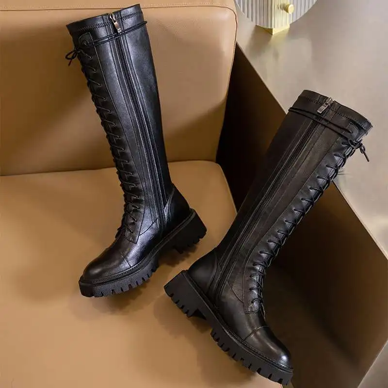 Krazing Pot Genuine Leather Round Toe High Heel Riding Boots Cross-tied Vintage Gladiator Lady Casual Platform Knee-high Boots