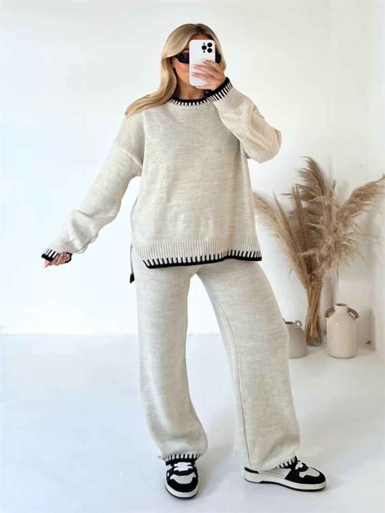 Knitted Long Women Pant Sets Oversized Patchwork Lady Sweater Pullover Suit 2024 Wide Leg Elastic Waist Elegant Female Top Set