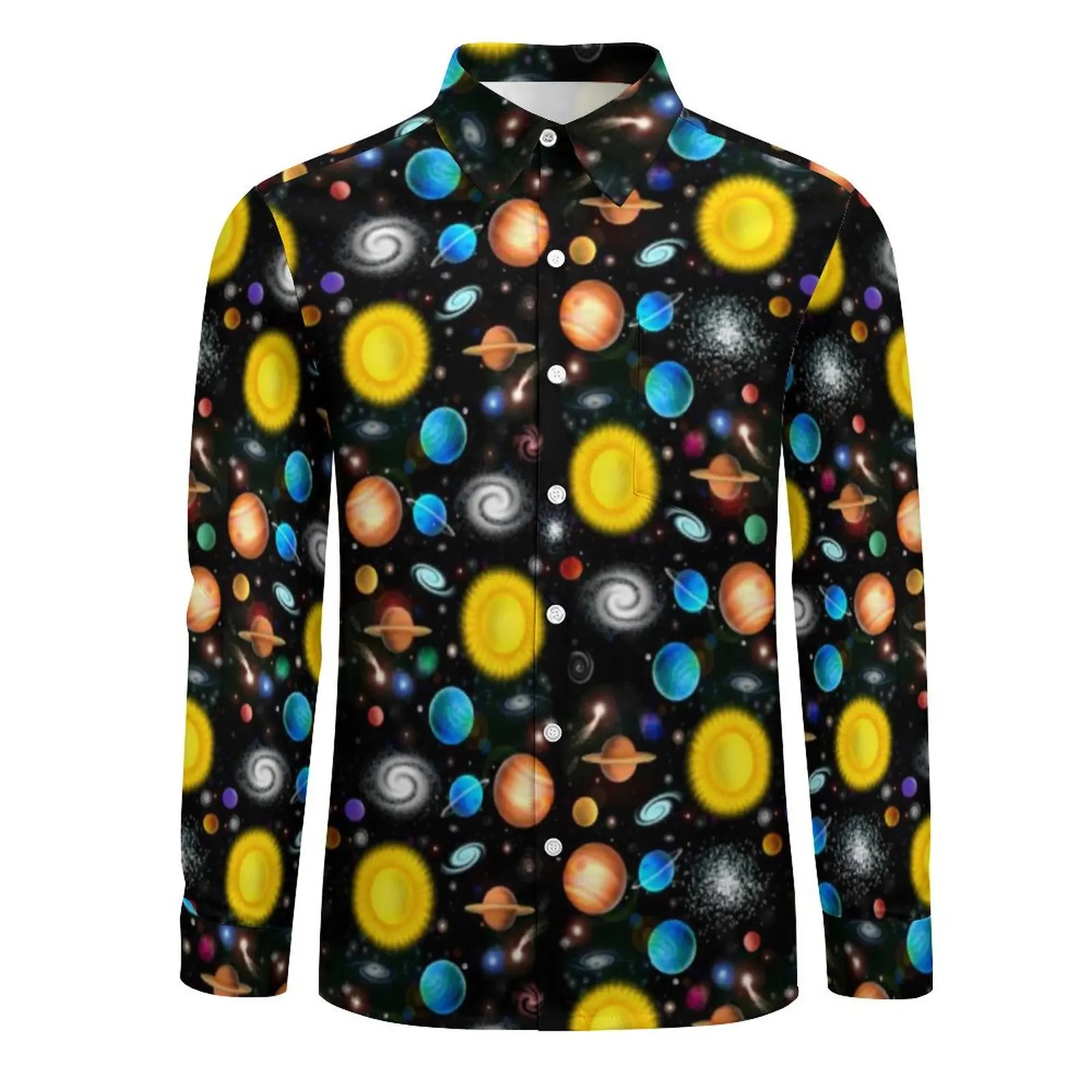 Gold Moon Print Casual Shirt Men Colorful Astronomy Space Streetwear Shirt Autumn Trendy Blouse Long Sleeve Graphic Oversize Top