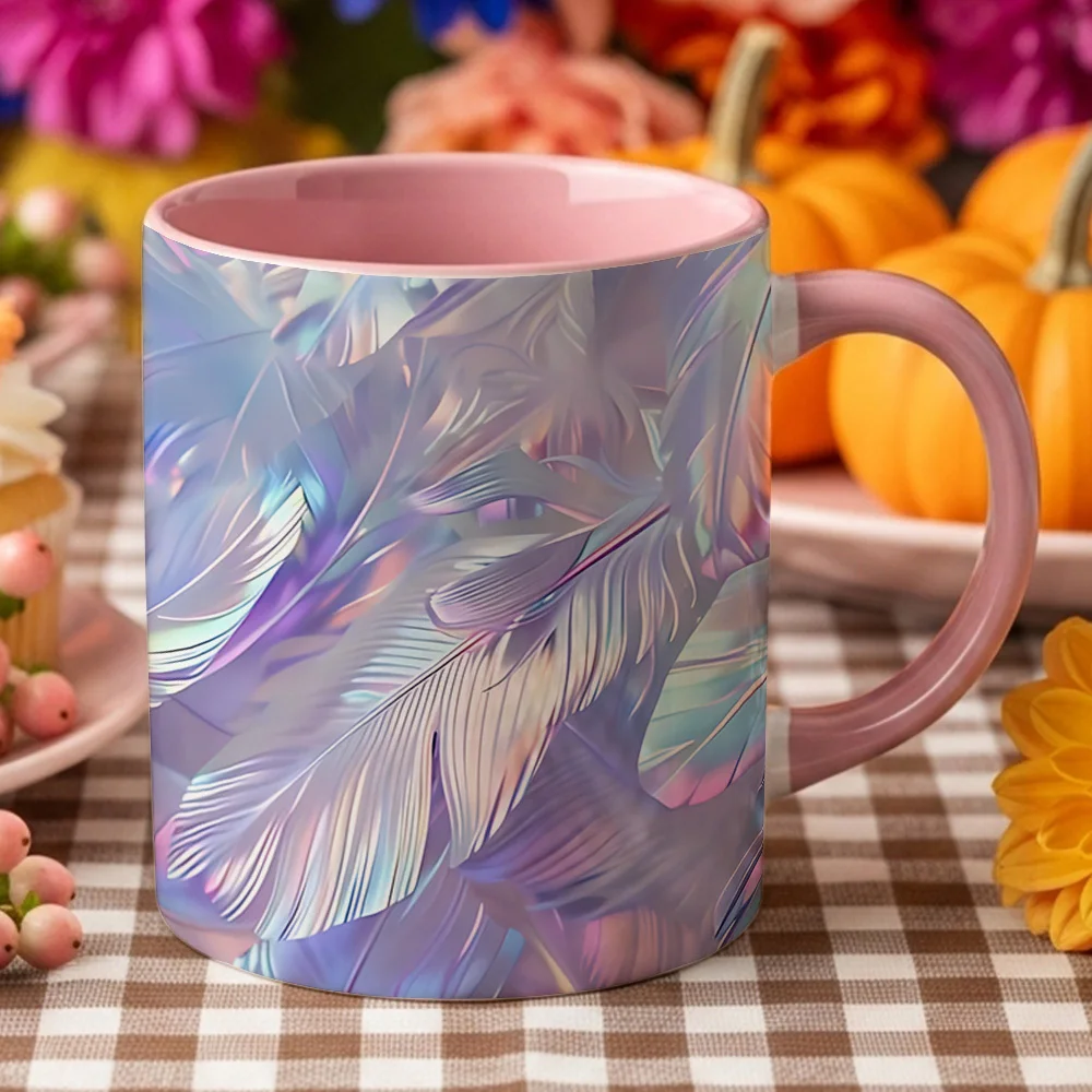 Rainbow Glitter Feather Coffee Mug Color Changing Cup Iridescent Shimmer Effect Gift for Women Mom Birthday Christmas Home Offic