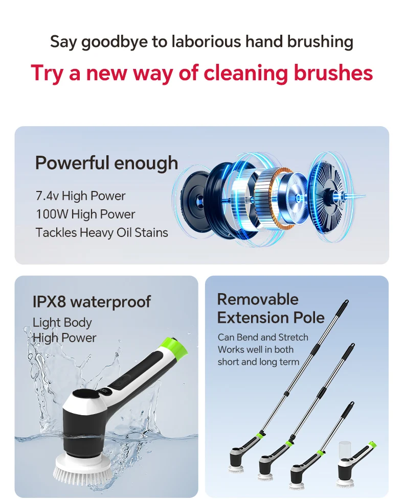 新しくアップグレードされた電動クリーニングブラシ長時間稼働強力なパワー伸縮ロッドは自由に調整可能