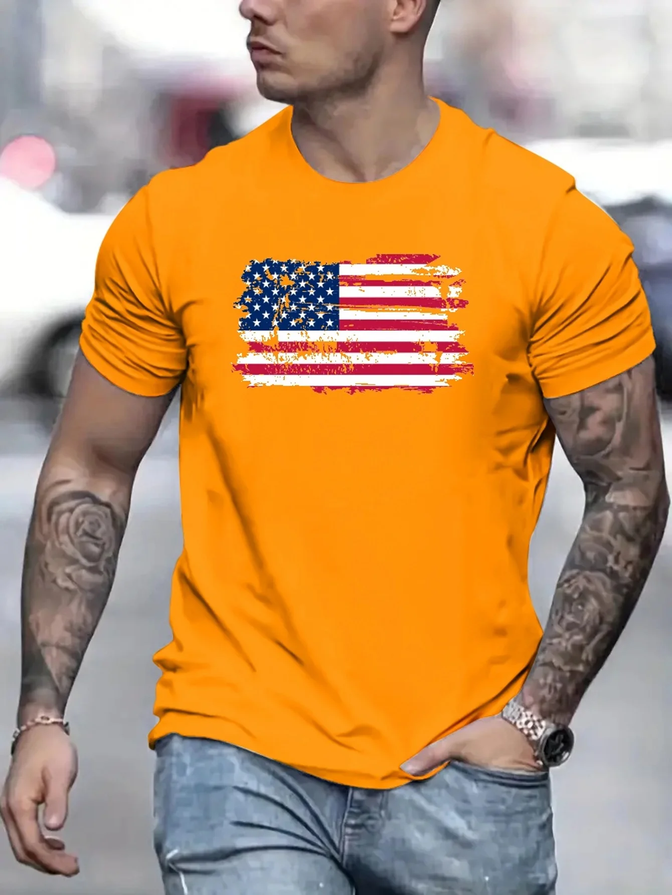 American Flag Men\'s Vintage T-shirt For Summer Outdoor, Casual Mid Stretch Crew Neck Tee Short Sleeve Graphic Stylish Top