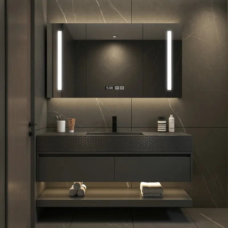 Modern Black Bathroom Cabinets Slate Integrated Seamless Washbasin with Drawers Bathroom Vanity with Sink Bathroom Furniture