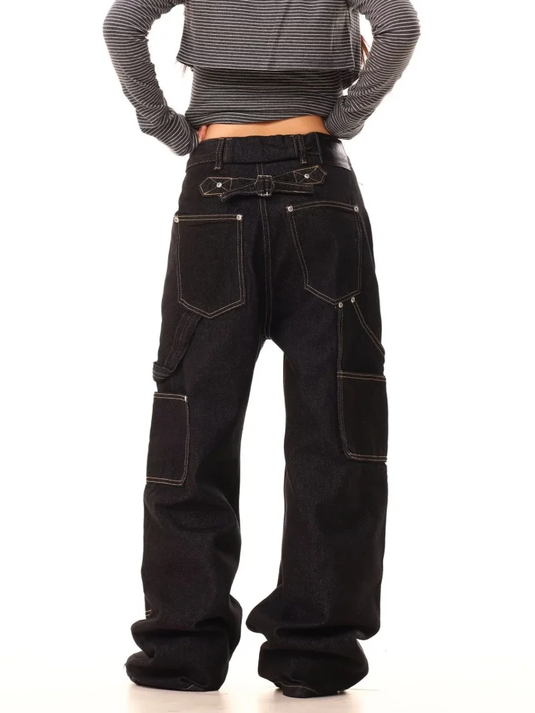 2025 pantalones vaqueros Cargo holgados negros estilo Retro americano Y2K para mujer, ropa para mujer, pantalones vaqueros rectos de algodón