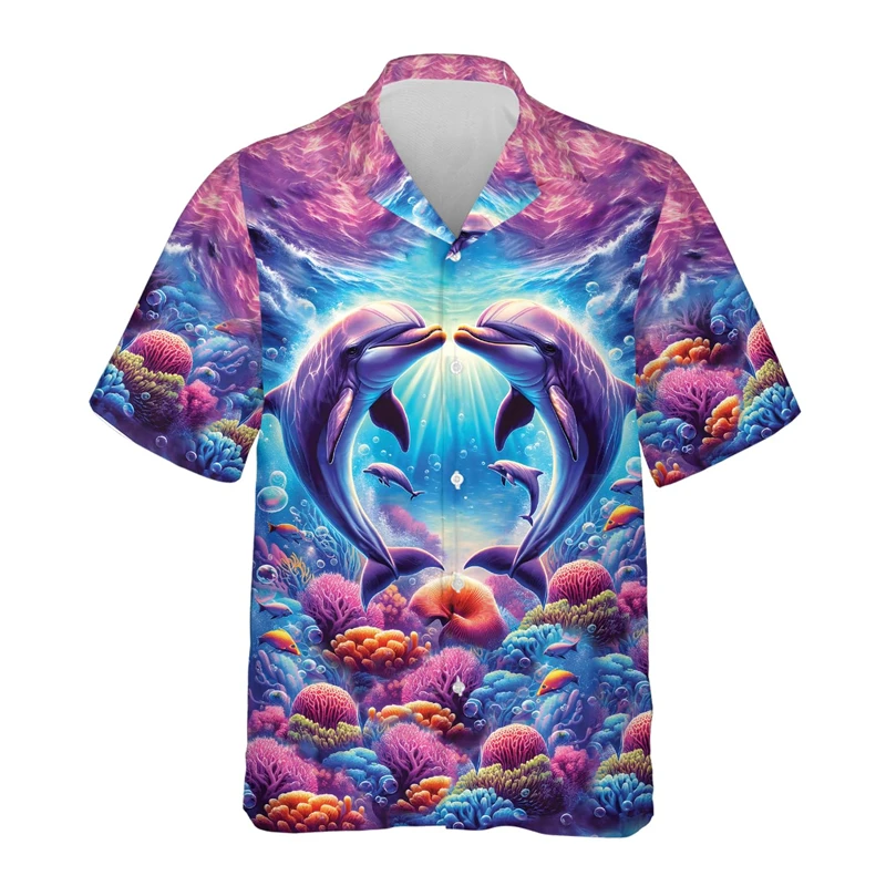 Cute Dolphin 3D Printed Shirts For Men Clothes Mammals Hawaiian Beach Shirt Aloha Flower Women Lapel Blouse Kawaii Button Tops