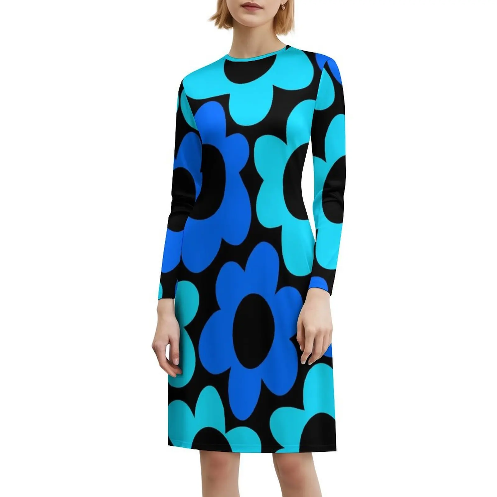 فستان ريترو 1960'S أزرق وزهرة أكوا على فستان قصير أسود على طراز بريبي للنساء على شكل حرف a فضفاض مناسب فستان يوم غير رسمي عتيق #6