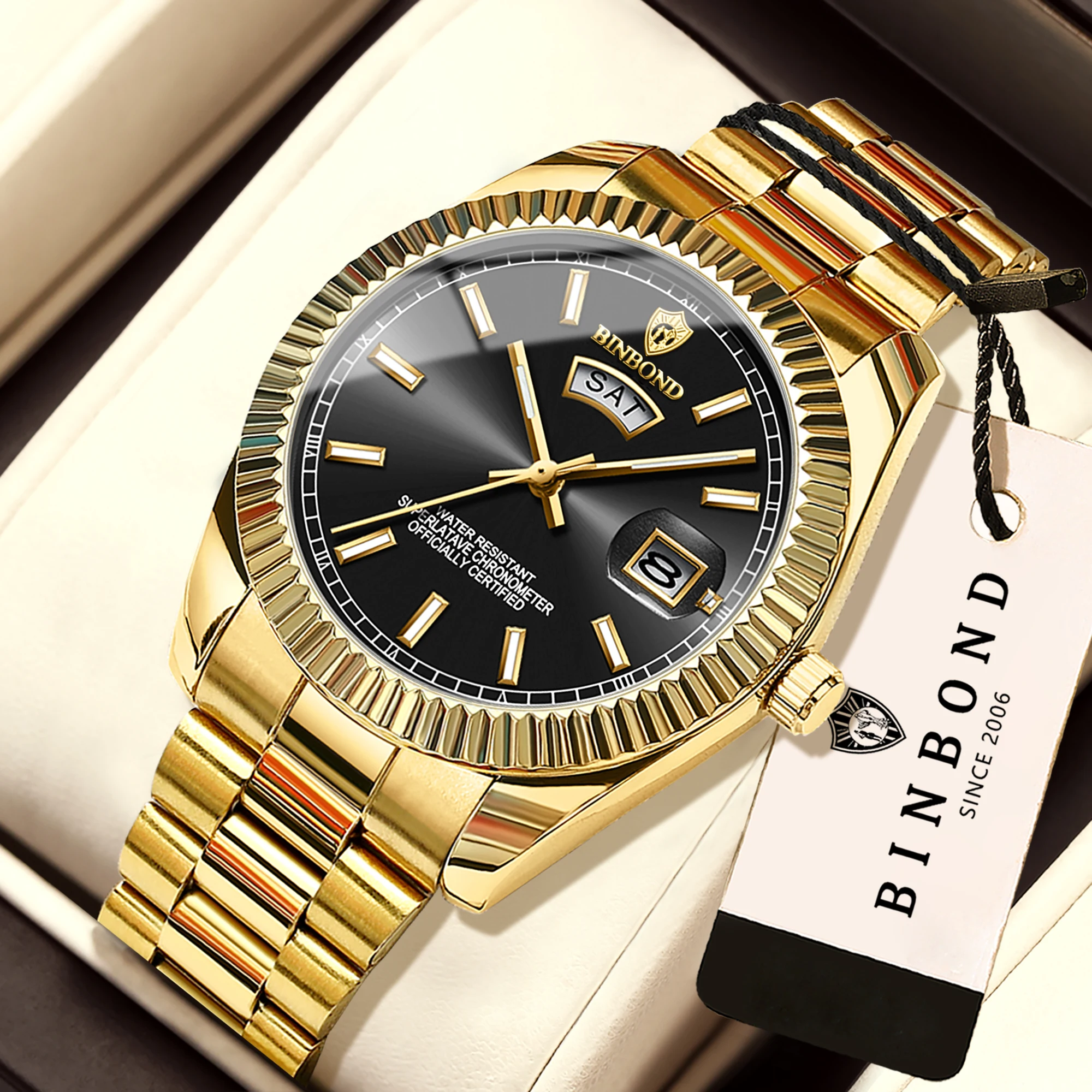 BINBOND Precise Quartz Watches for Men Luxury Luminous Waterproof Auto Date Week Display Men's Watch Durable Casual Reloj
