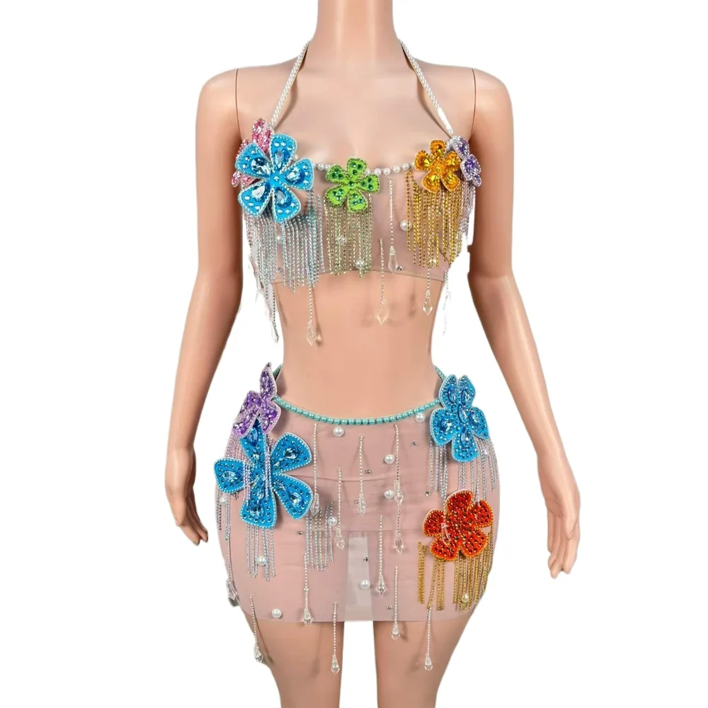 Ensemble deux pièces sexy avec haut en strass et perles, mini-jupe transparente, idéal pour soirée, bal de promo, anniversaire, séance photo