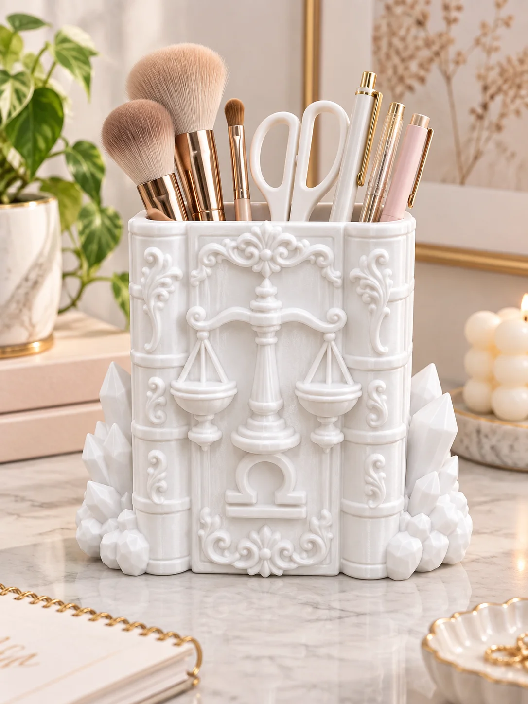 Simple and Elegant Libra-Themed Book-Shaped Pencil Holder and Pen Cup, Embossed Crystal Embellished Desktop Stationery Organizer, Large Capacity Student Desk Organizer, Matte White, Sturdy and Durable, Long-Lasting, Study Room and Bedroom Desktop Decoration, Student Back-To-School Birthday Gift Stationery Storage