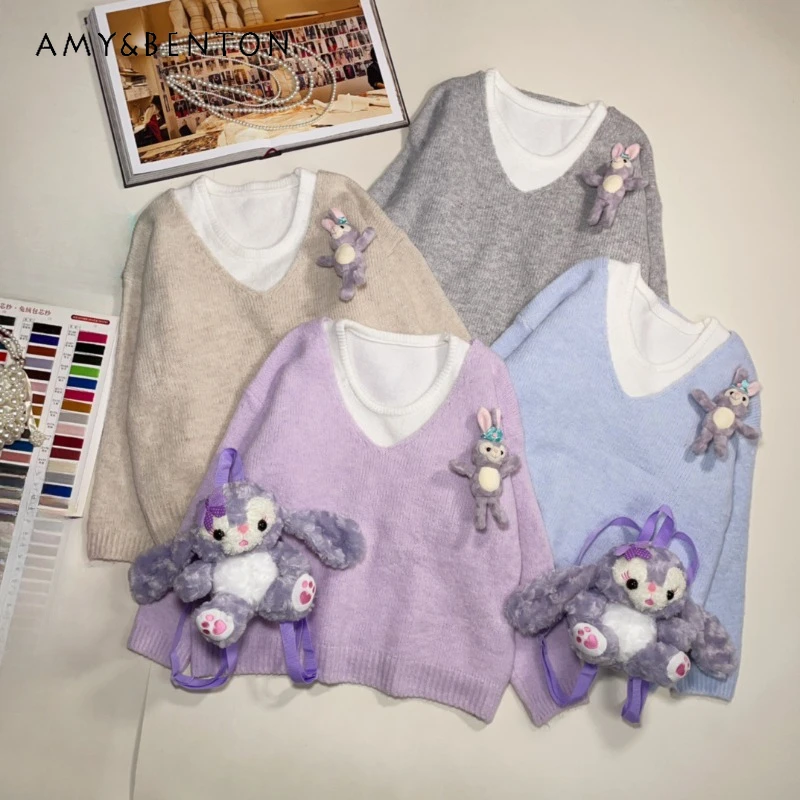 

2024 Autumn New Korean Style Age-reducing Stacked Vest With Cartoon Brooch Temperament Versatile Knitted Two-piece Set Pullovers