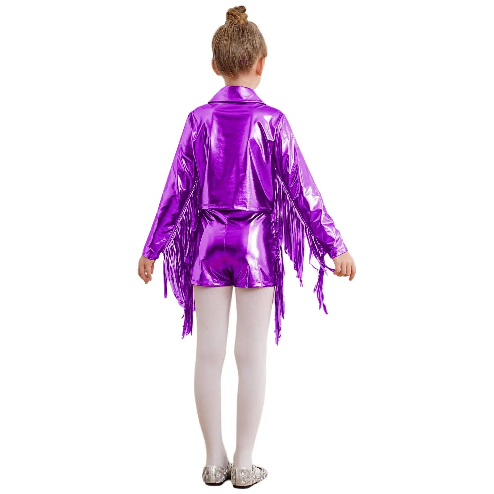 Pakaian tari Tango Jazz metalik rumbai anak perempuan kostum pertunjukan jaket pinggiran ritsleting lengan panjang dengan celana pendek pakaian tari disko