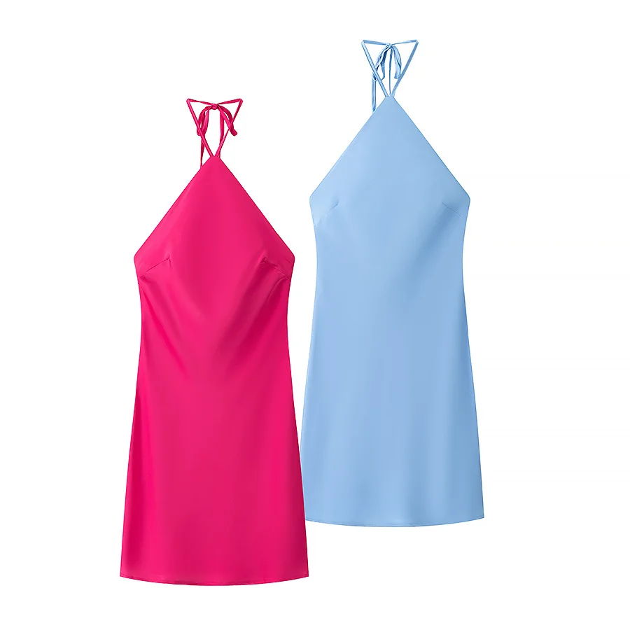 ZAB Herbst Neue frauen Satin Kleid Ne Hängen Dr Ele l Taille Svel ort Rock Strapl Knoten Bal Dr