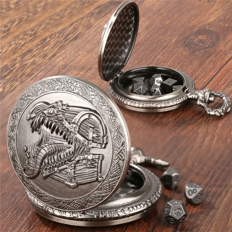 7pcs/set Mini Metal Polyhedral Dice for Role Play Game with Vintage Tongue Treasure Box Pattern Pocket Watch Case Pendant Chain