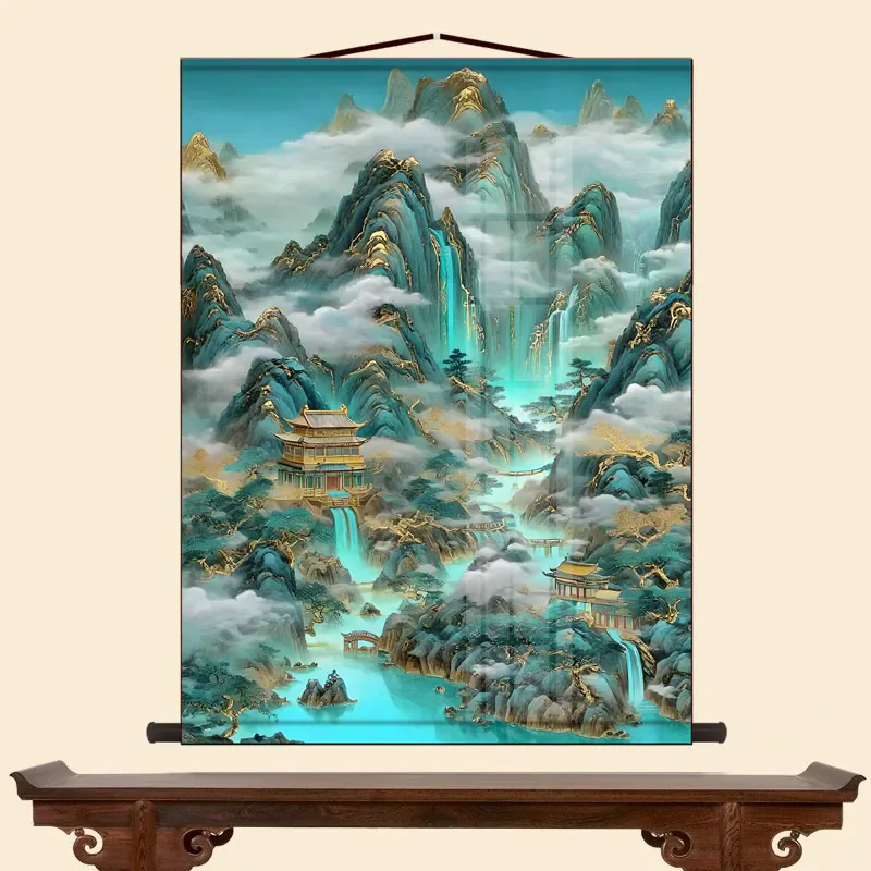 Blue-Green Landscape Painting, Feng Shui Hanging Scroll for Altar Backdrop, Chinese Mountain Water Wall Art for Home Shrine, Spi