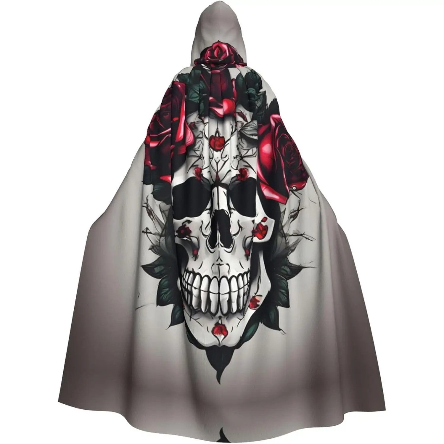 

Red Rose Skull Print Adults Hooded Cloak Halloween Christmas Witch Cape Robe Costume Party Supplies ﻿keep warm