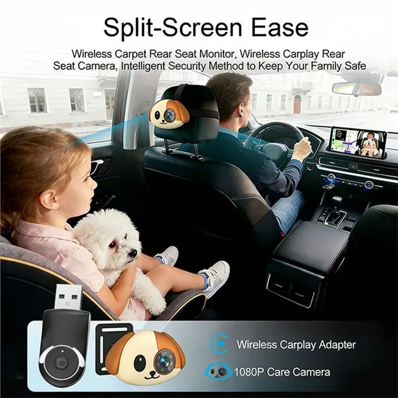 ABQB-Baby Car Camera 150° Wide-Angle Night Vision 1080P HD Wireless Carplay Adapter For Cabin Care Split-Screen Backseat Monitor