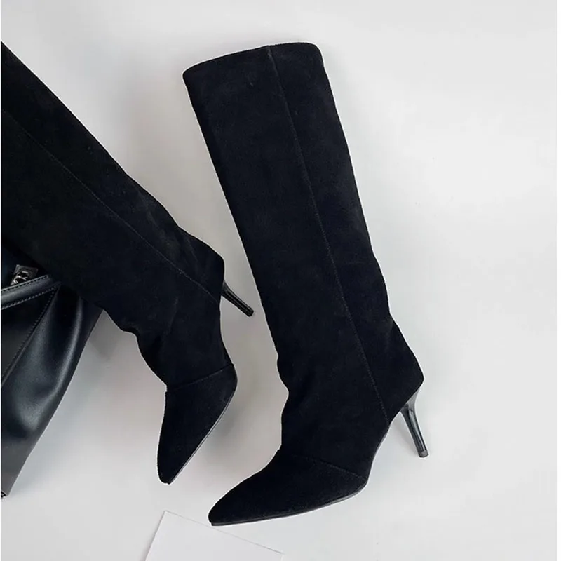 Aneikeh 2026 موضة الشتاء أشار تو الركبة عالية النساء الأحذية رقيقة الكعوب أحذية الإناث التجاعيد الجوارب الطويلة Zapatos De Muje #1