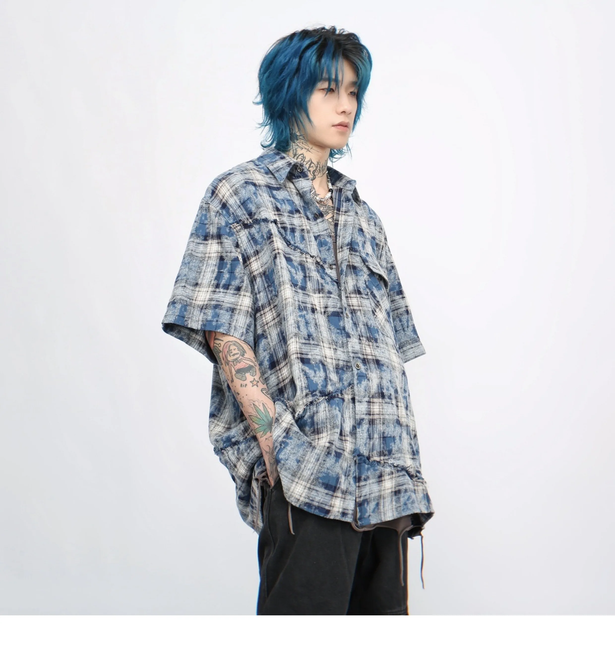 2025 Summer American High Street Tie-Dye Patchwork Blue Plaid Short Sleeve Shirt Men Single-Breasted Loose Casual Shirt