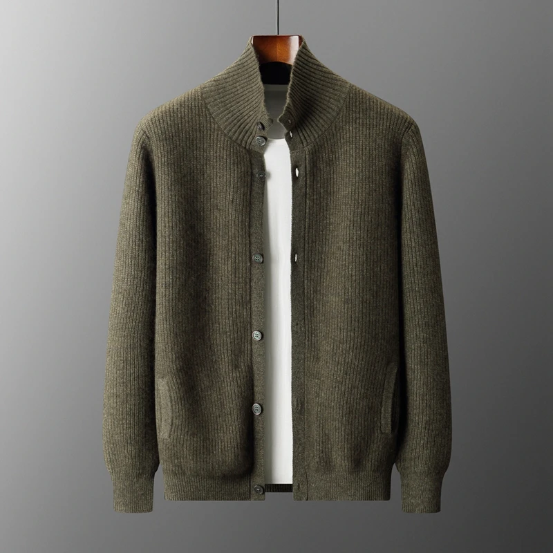 

Autumn Winter New 100% Pure Cashmere Stand Collar Men's Cardigan Thickened Warm Sweater Knitted Solid Color Casual Jacket