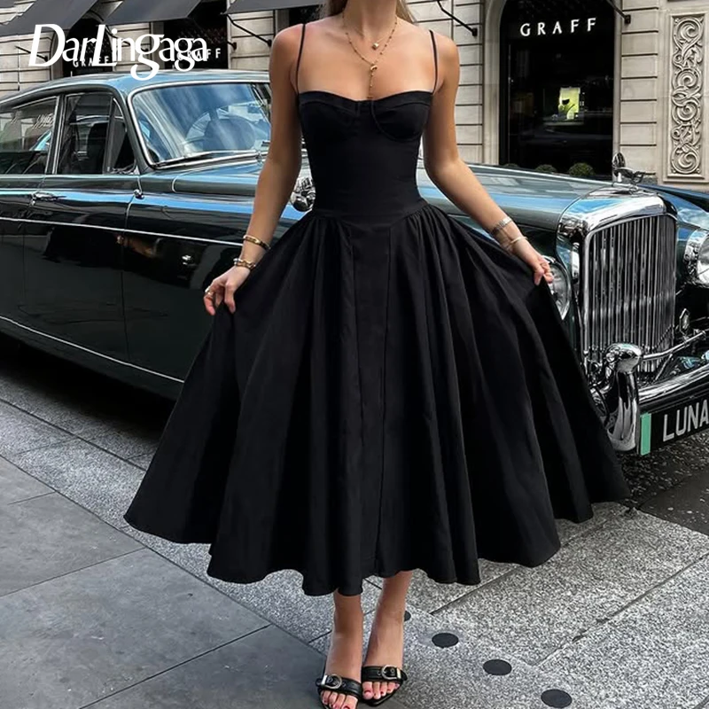

Darlingaga Gothic Grung Pockets A-Line Black Strap Long Dress Women Summer Elegant Sliming Solid Basic Maxi Outfits Fashion Y2K