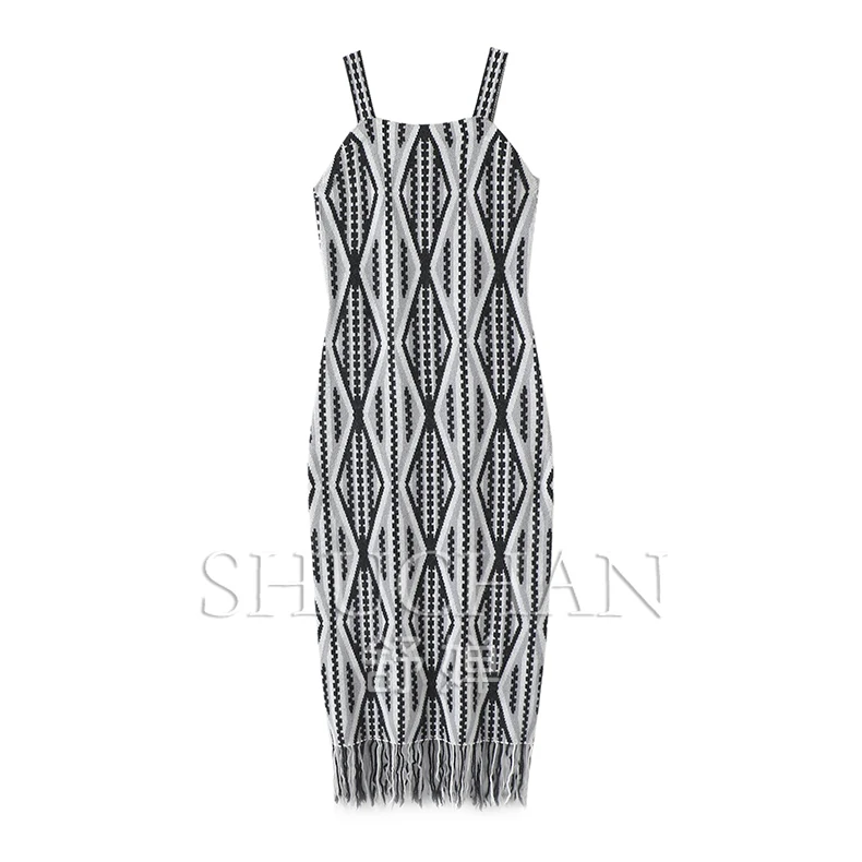 Sheath Spaghetti Strap Dresses for Women Geometric Slim  All Season  Cashmere  Sleeveless Pullover Women Dress Camisole