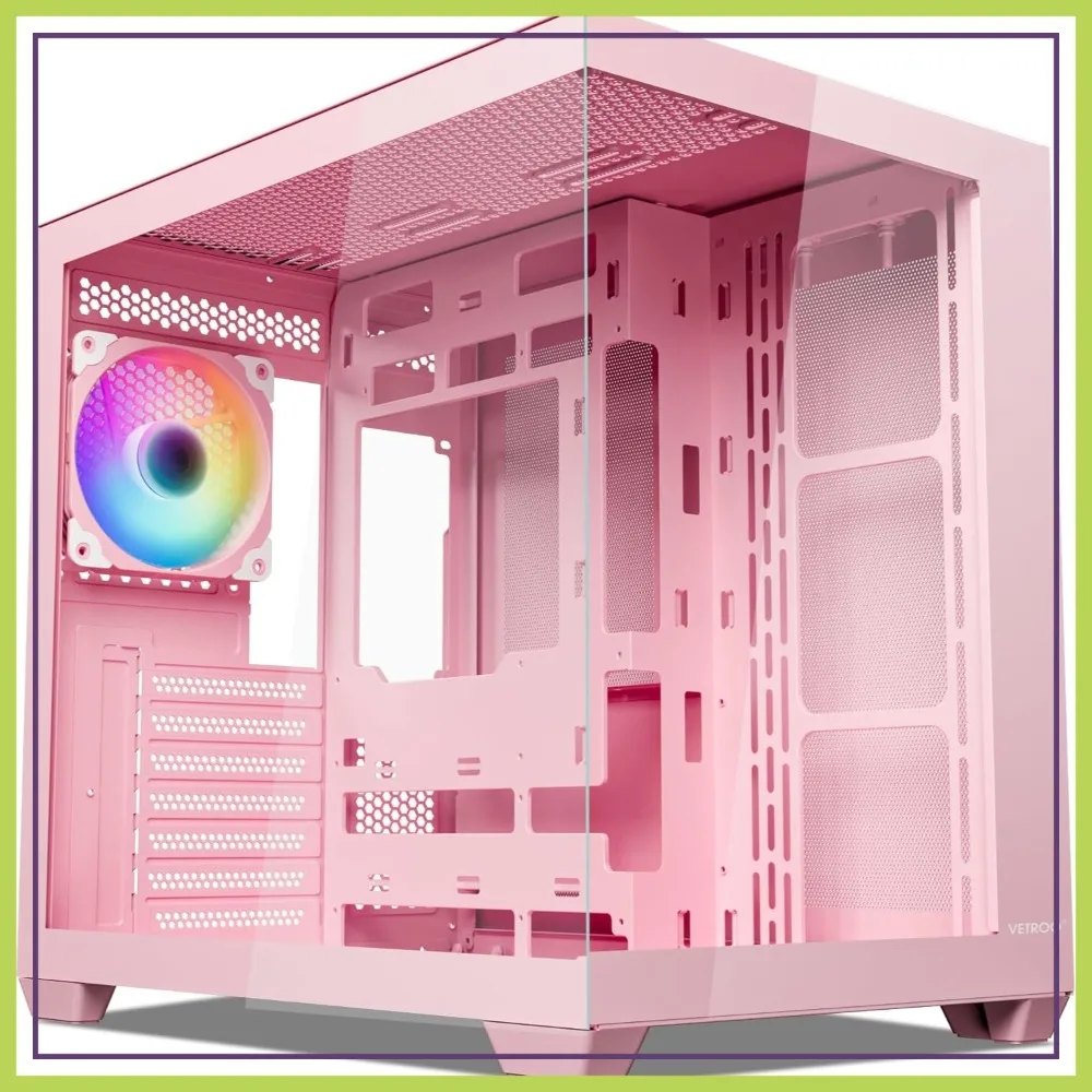 270° Full View ATX PC Case, Pre-Installed ARGB & PWM FDB Fans, Supports 360mm Radiator & 10 Fans, Type-C Ready, Pink