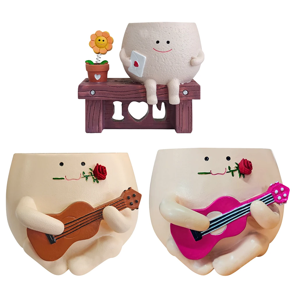 Smile Face Planter Pot Resin Funny Ukulele Planter Unique Sit Long Chair Succulent Pots for String of Pearls Plant