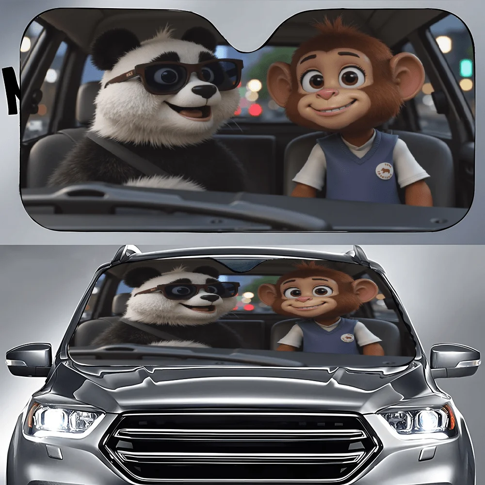 Couple Of Monkeys Car Sunshade | Front Window Sun Cover For Car, Durable Polyamide Visor, Universally Applicable, Car Decor Gift
