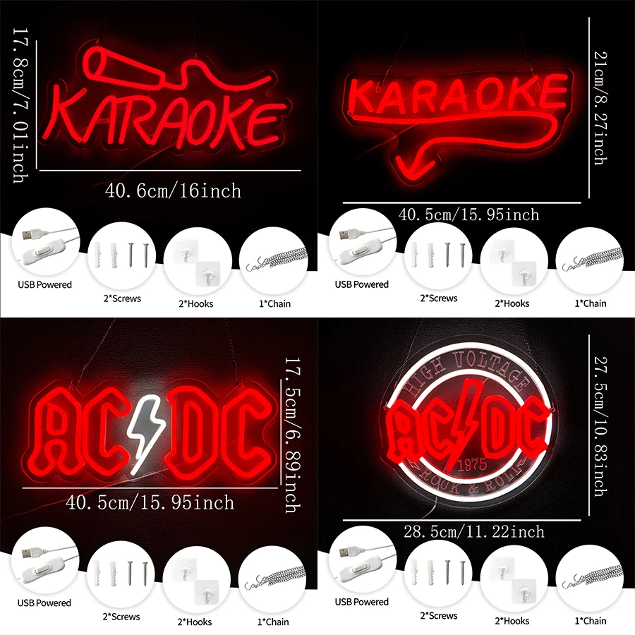Karaoke Led Neon Sign, 3D Carved Ac/Dc Letter Icon, Suitable For Bar, Music Studio, Club, Band Party Decor, Music Lovers Gifts.