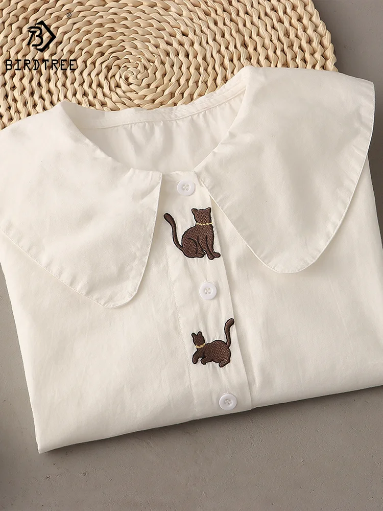 Spring New Women Cotton White Shirts Long Sleeve Peter Pan Collar Cat Embroidery Casual Blouse Autumn Office Ladies Tops T32612Z