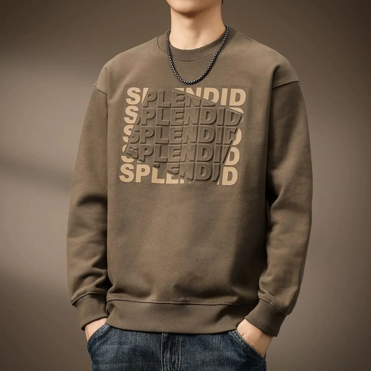 Men's Letter Embossed Long Sleeve Sweatshirt Loose Fit Crew Neck Pullover Fall Winter Casual Oversized Top