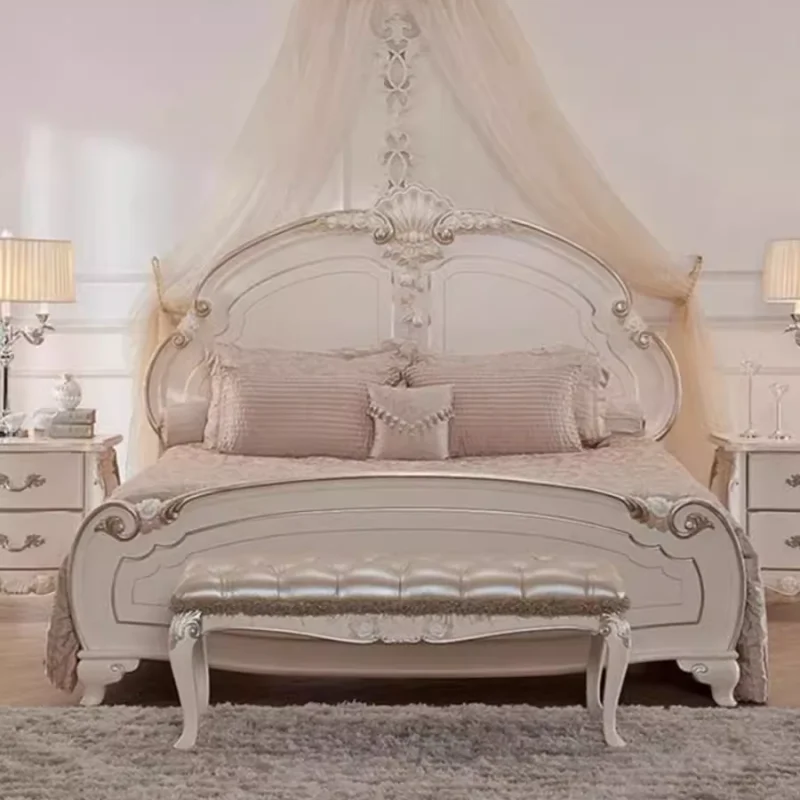 Palace French solid wood bed villa bedroom white carved princess bed European retro double bed light luxury high-end be