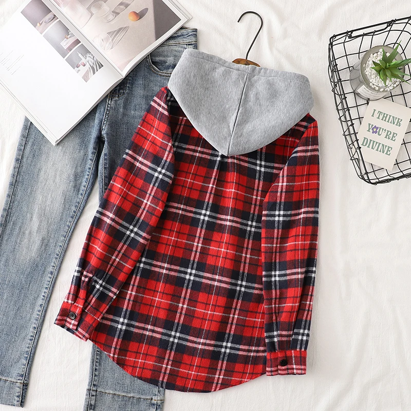 2024 Autumn New Women Long Sleeve Hoodie Style Shirts Casual Women\'s Red Green Plaid Sweatshirt Tops Lady Checkered Clothes