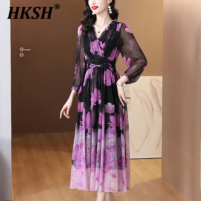 

HKSH Summer New Women's High-End French Fashion Elegant Gentle Printed Pleated Ruffled Collar Waist Cinching Floral Dress HK6209