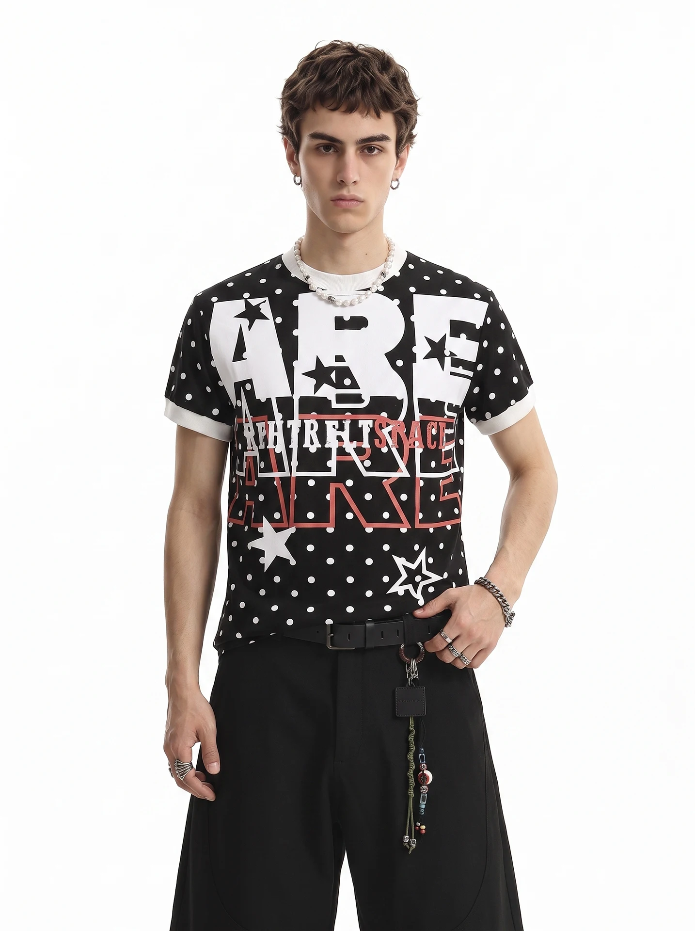BETEBULE American Style Letter Star Print Polka Dot Short Sleeve Men's T-shirt Summer Street Light Boxy Wide Fit Top