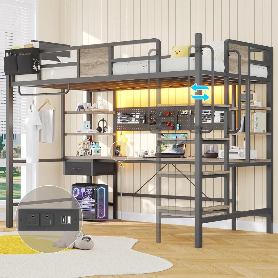 سرير علوي مع مكتب سرير علوي مزدوج الحجم مع أضواء LED ومحطة شحن سرير بطابقين مع منظم تخزين سلم قابل للإزالة #1