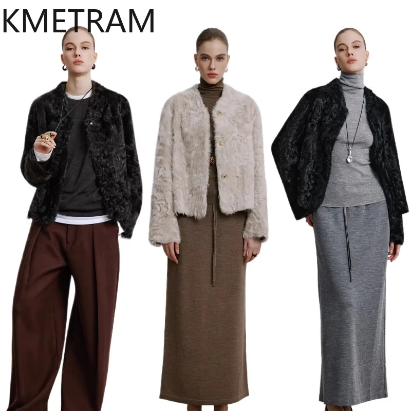 

KMETRAM 100% натуральная шуба из овчины с шерстью, женская, с V-образным вырезом, двусторонняя, из натурального меха, зимняя одежда 2026