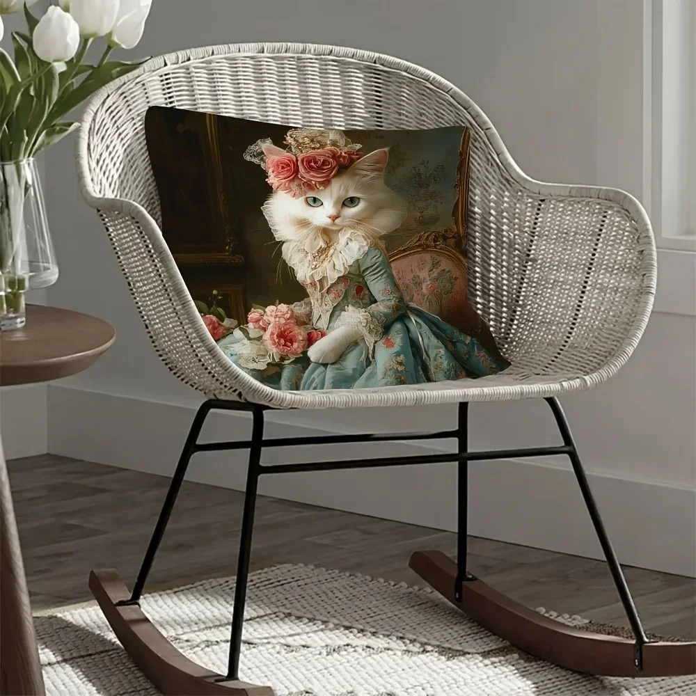 2D Flat Victorian Royal Cat Throw Pillow Cover Elegant Floral Decorative Pillow Case Sofa Bedroom Living Room