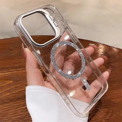 Bling Glitter For Magsafe Wireless Charge Case For iPhone 14 13 11 12 15 Pro Max Camera Holder Clear Hard Acrylic Magnetic Cover
