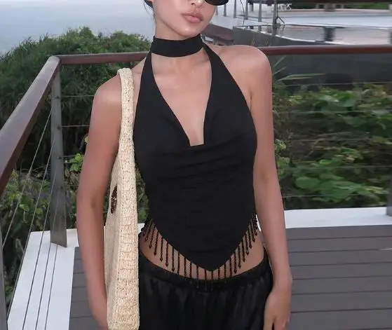 

Top Women 2026 Spring Summer New Solid Color Low Collar Lace Up Backless Tassel Hem Design Versatile Daily Basic Vest Top