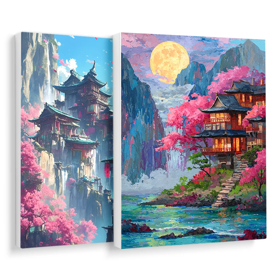 

RUOPOTY Paint By Numbers Retro Chinese architectural landscape Draw Handiwork Diy Set Artwork Picture Frame Acrylic Paints Gift