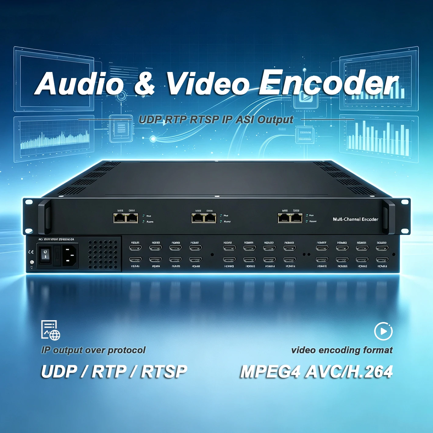 8/16/24 channel Input Audio Video Encoder for Digital TV Broadcasting, HD/SD H.264 H.265 Encoding, UDP RTP RTSP IP & ASI Output
