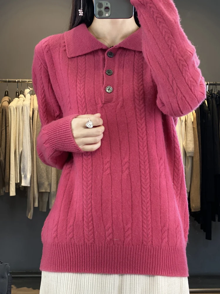 Autumn/Winter 2024 Women's 100% Merino Wool Sweater Polo Neck Slim Fit Thick Knit Pullover Casual Fried Dough Twists Top